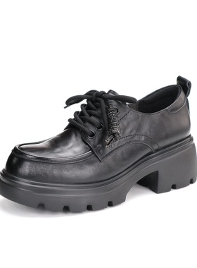 BELLE百丽2026厚底增高系带黑色小皮鞋深口单鞋乐福鞋女E9N1DAM6