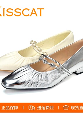 KISSCAT接吻猫2026新方头低跟水钻双带猫掌鞋玛丽珍鞋浅口单鞋女