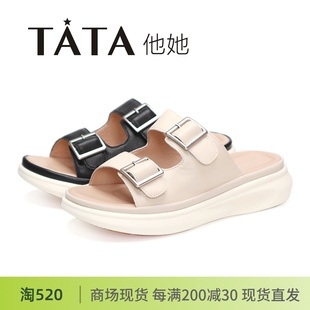 TATA他她2024夏正品 YEU01 女鞋 牛皮厚底一字拖魔术贴沙滩凉拖鞋