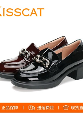 KISSCAT接吻猫2026新款星空乐福鞋厚底漆牛皮舒适黑色小皮鞋女鞋