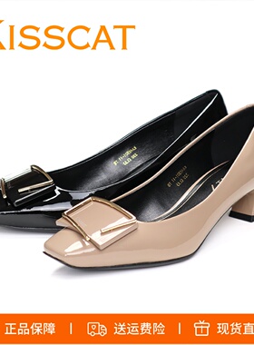 特价KISSCAT接吻猫2026粗跟低跟方头漆牛皮女单鞋KA68501-11