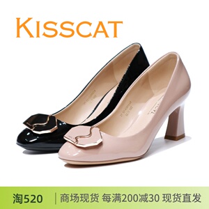 KISSCAT接吻猫2024新款正品粗高跟39503亮漆牛皮女单鞋KA49503-13