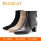 KISSCAT接吻猫2025冬尖头粗跟短靴弹力瘦瘦靴羊皮裸靴加绒时装 靴