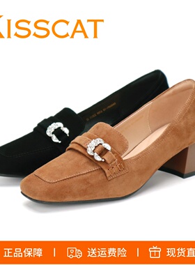 KISSCAT接吻猫2026新乐福鞋粗跟水钻羊反绒真皮黑色深口单鞋女鞋