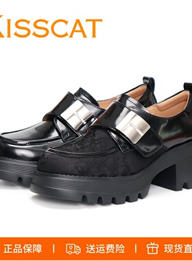 特价KISSCAT接吻猫2025新中式厚底乐福鞋漆皮魔术贴鞋KA54580-50