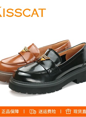 KISSCAT接吻猫2026新款牛皮翎羽乐福鞋小皮鞋休闲舒适通勤单鞋女