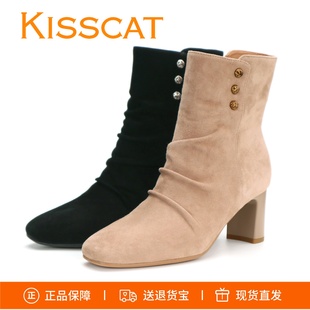 KISSCAT接吻猫2025粗跟高跟方头侧拉链皱皱羊绒瘦瘦靴短靴女靴子