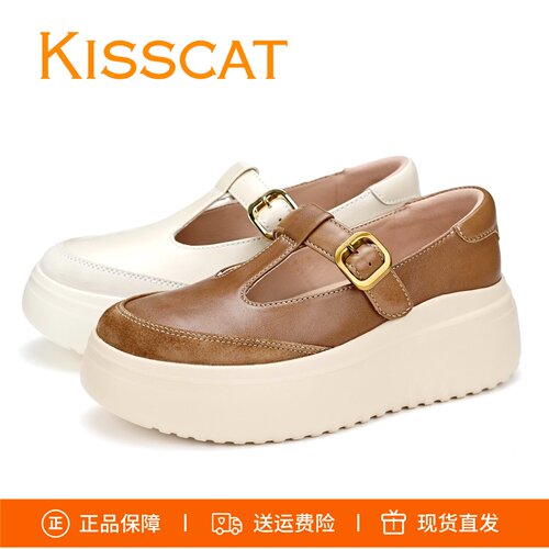 接吻猫复古增高T字扣带单鞋女鞋