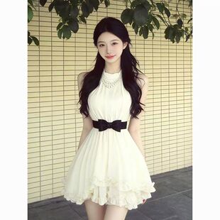 法式千金风古早感无袖连衣裙女夏季复古vintage蝴蝶结显瘦短裙子