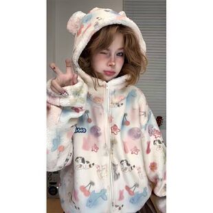 可爱涂鸦羊羔毛外套女秋冬季加绒加厚宽松短款小个子保暖棉衣棉服