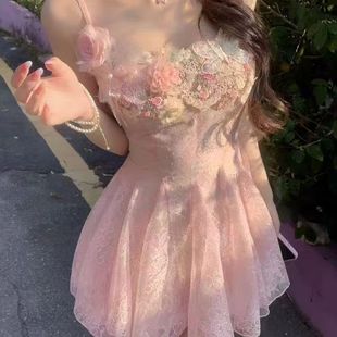 立体纯欲网纱显瘦花朵新款 连衣裙春夏2025吊带裙甜美仙女收腰法式
