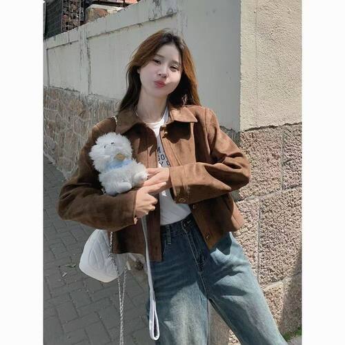 美拉德鹿皮绒短款外套女春秋