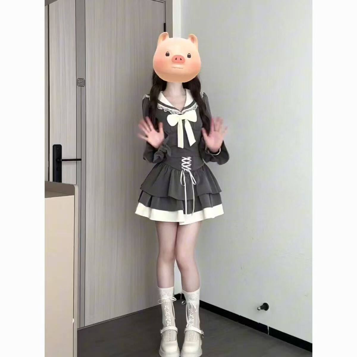 韩版甜美学院风jk穿搭一整套女海军领蝴蝶结上衣高腰绑带半身短裙