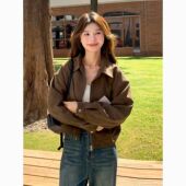 复古咖色高级小个子短款 美拉德外套2025新款 美式 仿麂皮夹克上衣女