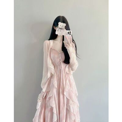 长款吊带仙女连衣裙披肩两件套