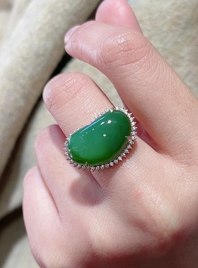 天然和田玉猫眼碧玉老料菠菜绿戒指18k金镶嵌玉石指环送节日礼物