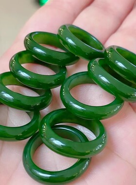 吉淼 天然和田玉碧玉老料菠菜绿戒圈戒指18k金镶嵌玉石指环