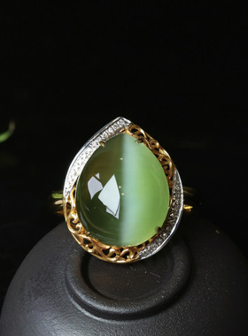 天然和田玉碧玉猫眼戒指18k金镶嵌玉石指环送礼物