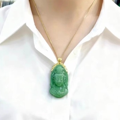 和田碧玉观音吊坠挂件玉石18k金镶嵌名媛气质
