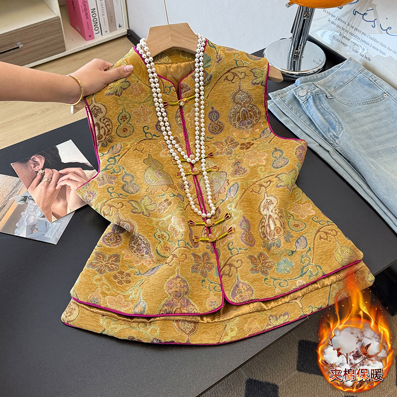 实拍新中式春季新款重工提花刺绣改良夹棉加厚盘扣立领女背心马甲