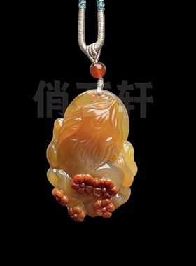 纯天然巴西玛瑙玉髓纯手工俏色巧雕九尾狐招财吊坠男女款挂件送礼
