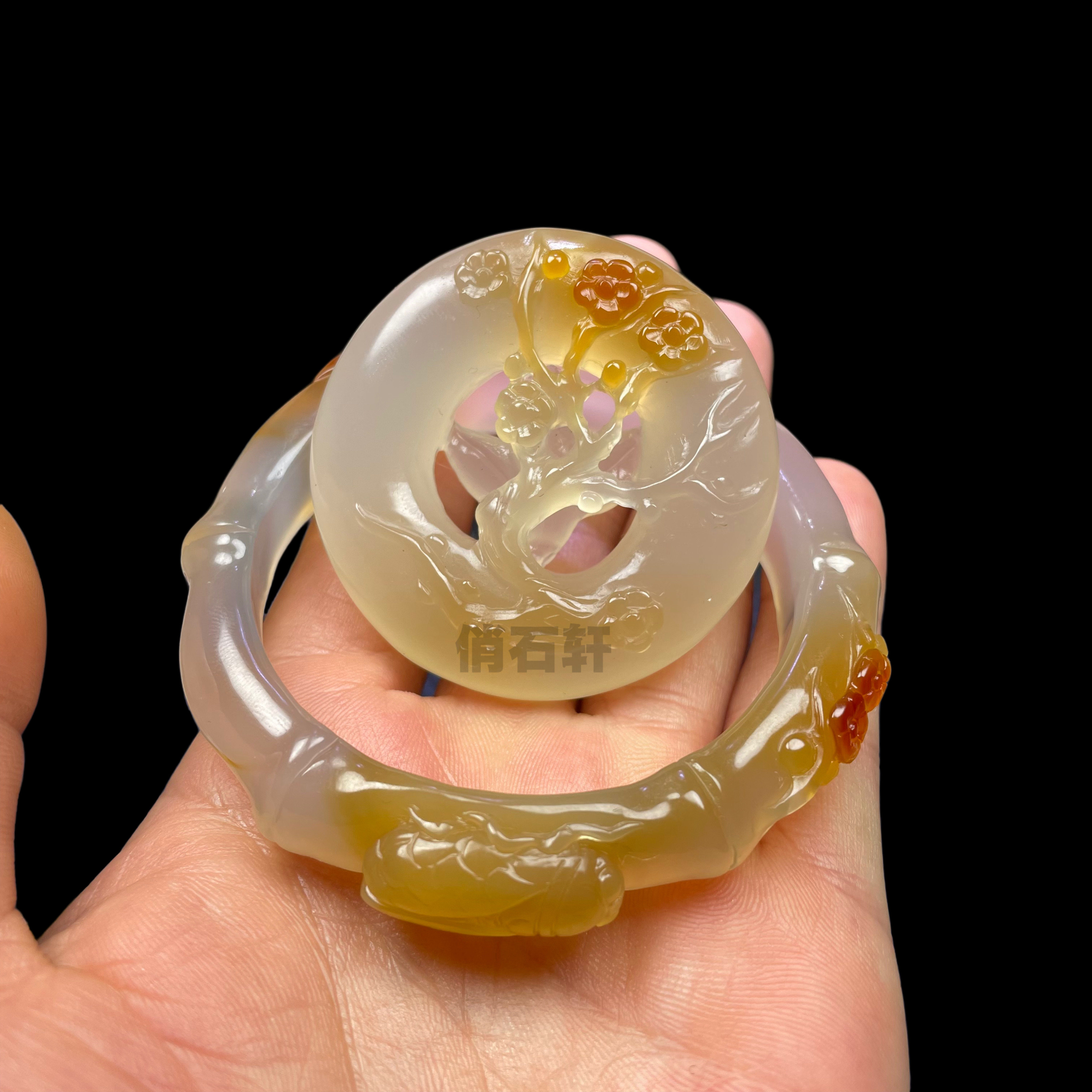 纯天然玛瑙手工雕刻俏色玉蝉竹节巧雕精工雕花手镯女生手环送礼