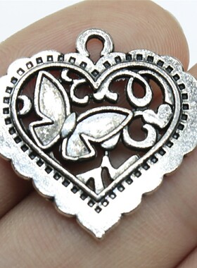 10个/包 25x24mm 古银色 DIY饰品配件 双面蝴蝶桃心吊坠