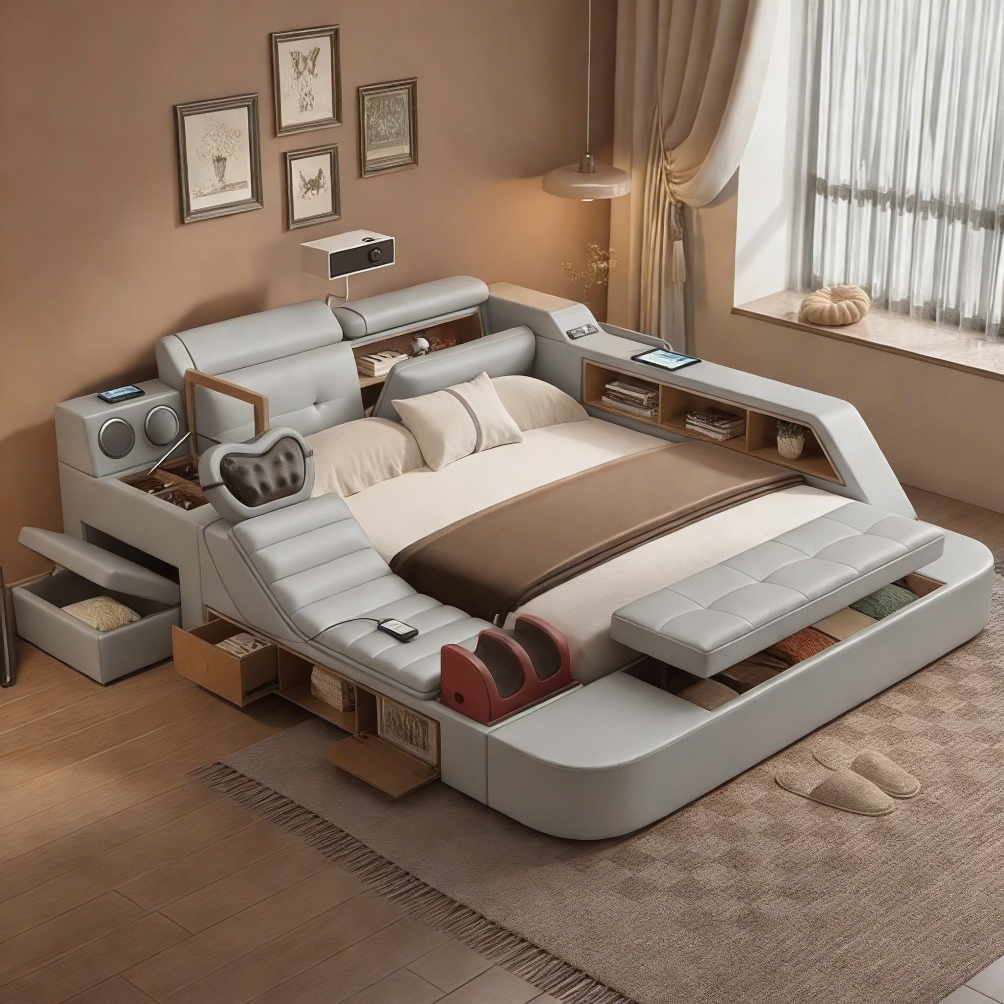 多功能榻榻米真皮床智能按摩带投影床柜一体组合高端大气主卧婚床