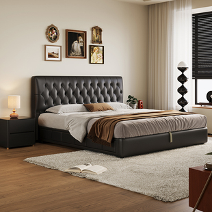 意式 轻奢风悠悠真皮床三抽储物主卧豪华双人2米x2米大床 极简法式