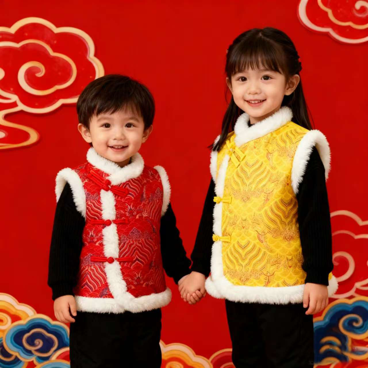 儿童马甲拜年服冬款女童坎肩加绒男童唐装棉背心姐弟装宝宝新年装