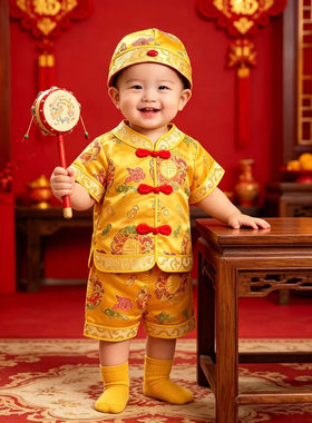 中国风宝宝套装织锦缎周岁礼服