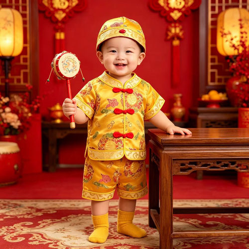 中国风宝宝套装织锦缎周岁礼服