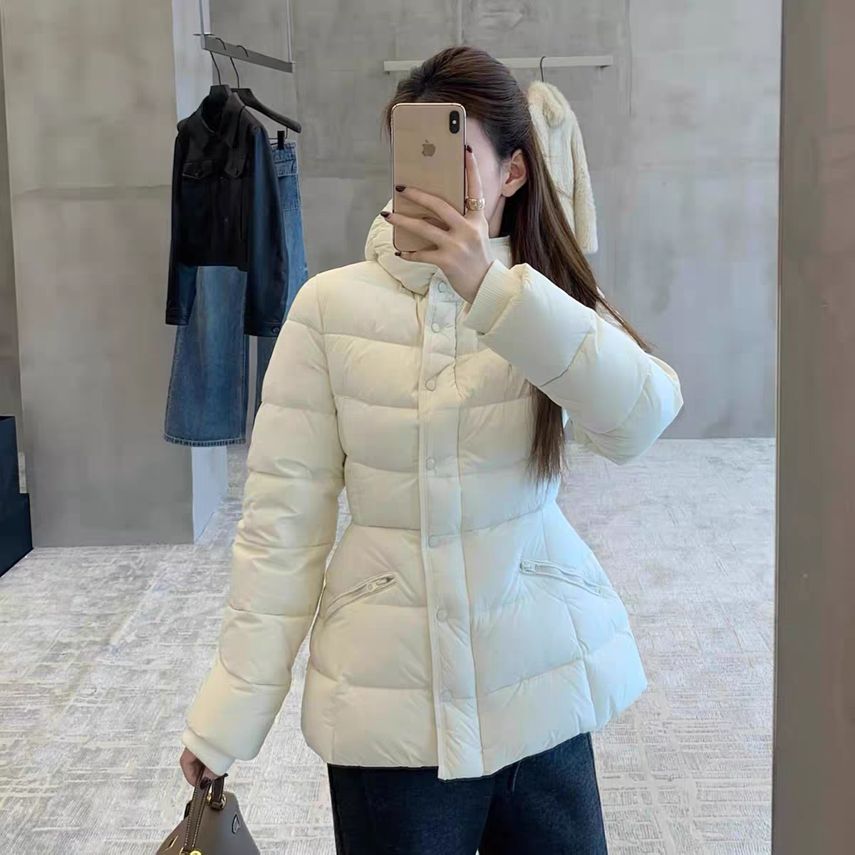 EASE 韩系小个子极简连帽收腰显瘦连帽短款排骨lulu感羽绒服