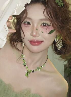 小清新绿色鸭梨串珠项链女小众设计高级感锁骨链颈链时尚百搭配饰