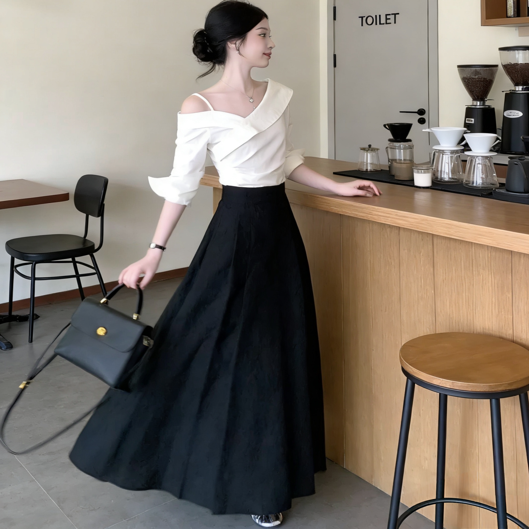 2026新款初春白色一字肩衬衫连衣裙子女气质韩系穿搭长袖一整套装