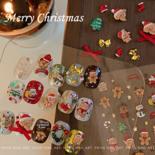 YIFANNAIL 薄韧圣诞小熊美甲贴纸拐杖小熊饰品A82J24 圣诞小熊
