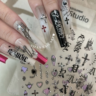 复古银克罗心美甲贴纸J248 哥特风十字架 YIFANNAIL 朋克辣妹