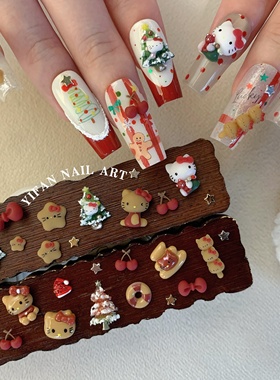 YIFANNAIL【黑皮圣诞】安可拉红~迷你kitty圣诞树星星美甲饰品R24