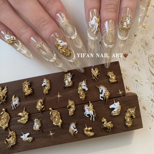 YIFANNAIL【神谕圣光】手工复古鎏金之马独角兽美甲饰品D14J240