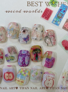 YIFANNAIL【奇异世界】苹果格纹 餐具小熊 线描女神美甲转印纸S43