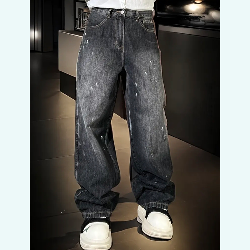 巴黎风格潮牌美式泼墨牛仔裤