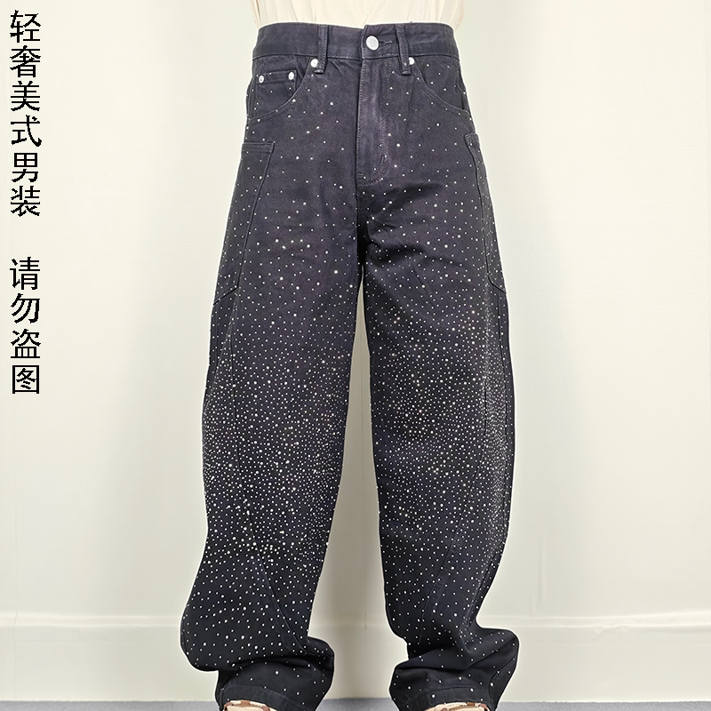 美式高街满天星烫钻弯刀牛仔裤
