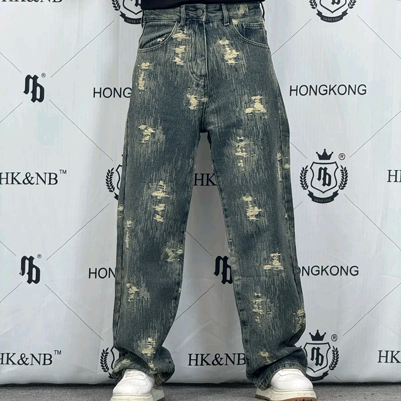 美式高街复古渐变提花直筒牛仔裤