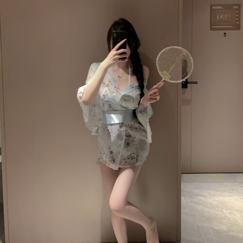 日式和服性感私房纯欲三点式秋冬款家居服雪纺睡裙女系带浴袍套装