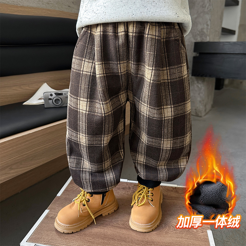 男童加绒格子裤子秋冬装2025新款儿童加厚休闲裤帅气男孩保暖长裤