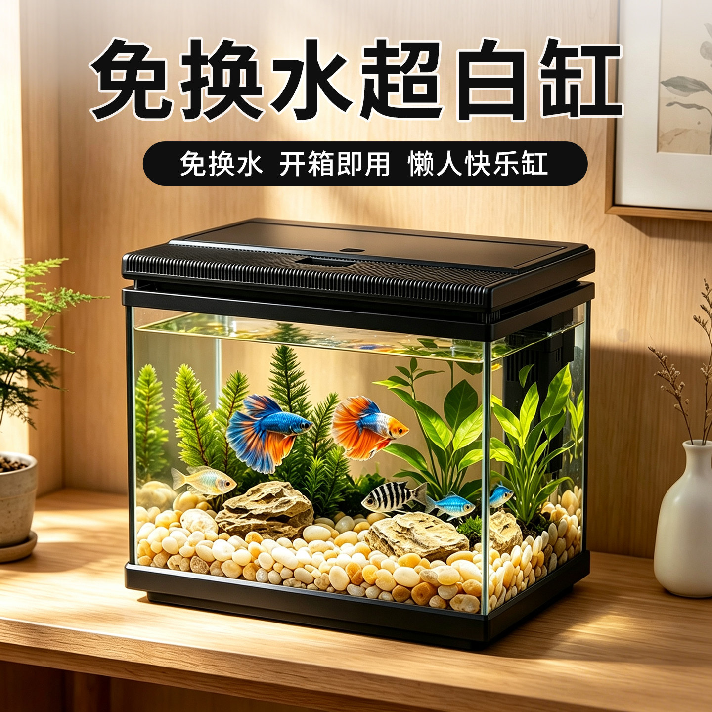 森森鱼缸客厅小型桌面超白玻璃家用水族箱 生态免换水中型金鱼缸