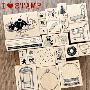 现货KODOMO 木头印章-N I LOVE STAMP木制手帐本圣诞冬天布丁船