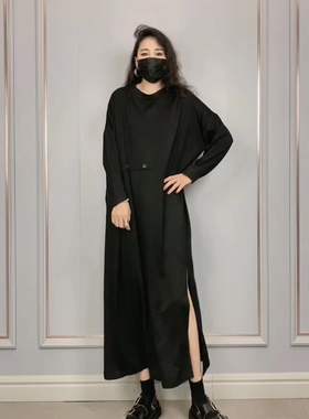 2025密爱秋女新款韩版休闲宽松圆领侧开衩长袖中长款连衣裙子黑色