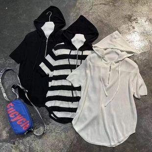 显瘦针织麻冰丝帽衫韩版气质条纹连帽上衣2025夏密爱女装新款黑白