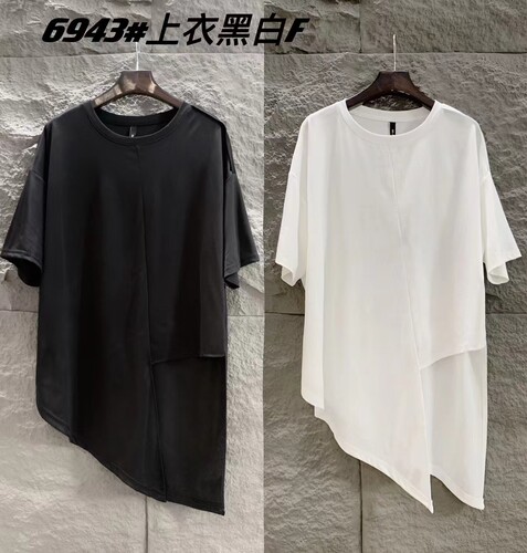 MI-AI夏新款欧版百搭气质显瘦短袖圆领宽松不规则T恤上衣黑白纯色